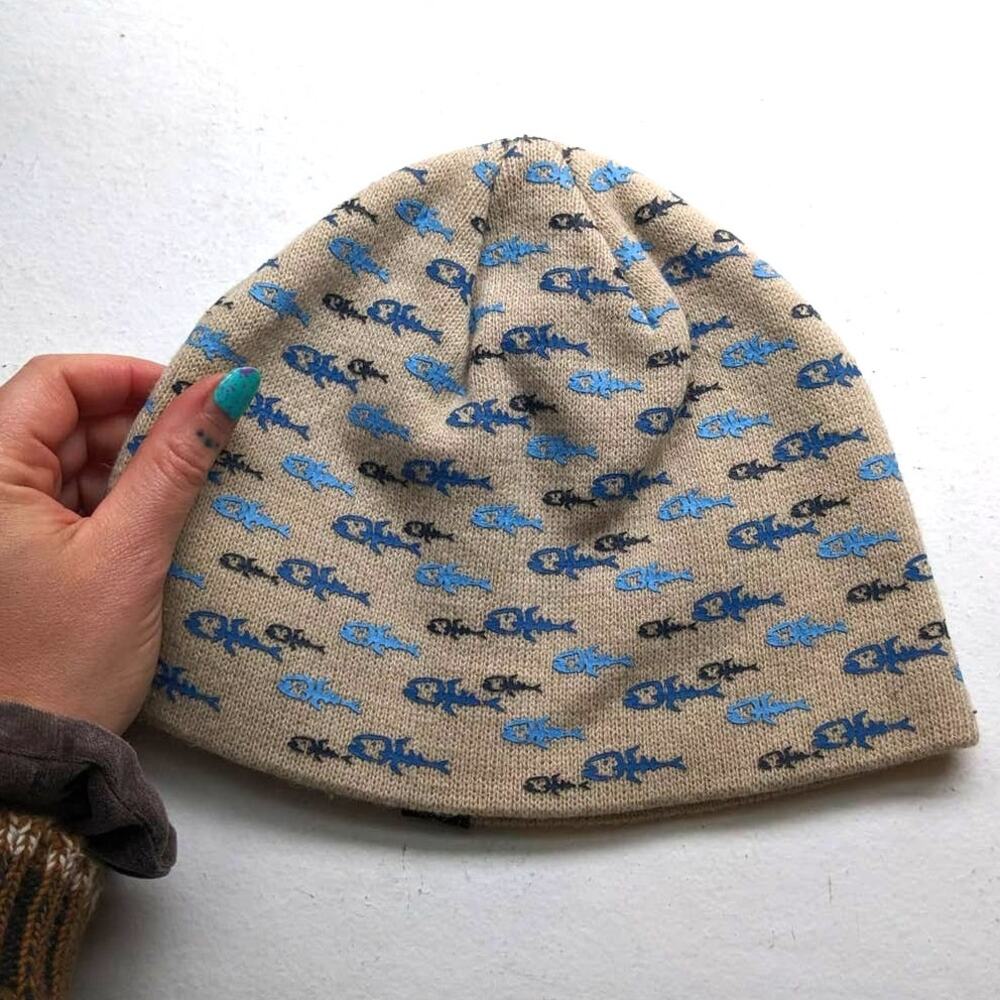 Y2K Vintage Vans Skeleton Fish Beanie 90s Skater Cream Blue Knit Skull Cap Hat